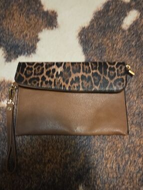 Leopard Flap Brown Wristlet Clutch